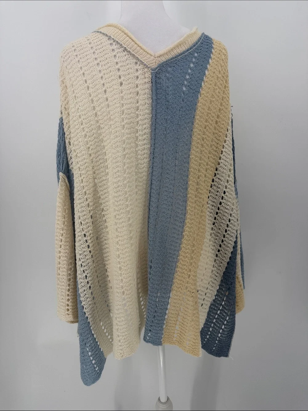 POL Cream Blue Colorblock Crochet Open Knit Oversized Boho Sweater M